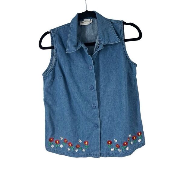Vintage 90’s Denim Blue Floral Embroidered Sleeveless Button Up‎ - Picture 1 of 5